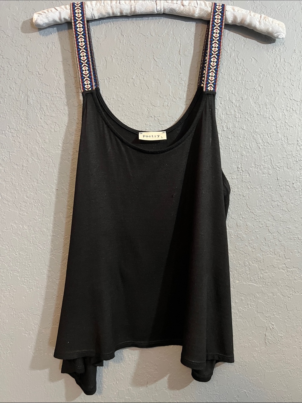 Poetry Black Tank Top with Embroidered Navy Straps